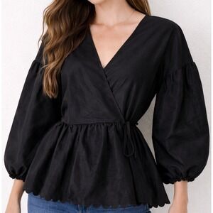 Kika Vargas x Target Puff Sleeve Wrap Blouse Size L Scalloped Edges Black Whimsy